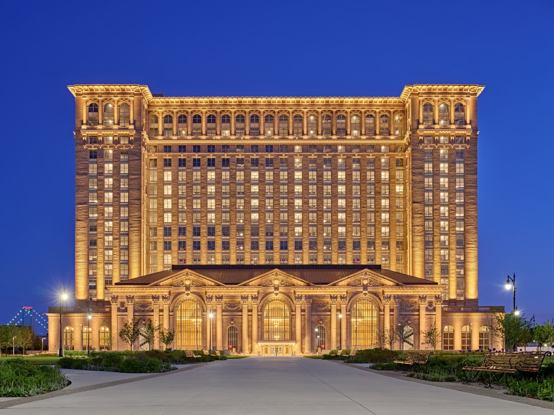 Metro Detroit skyline, Michigan Central Station at twilight